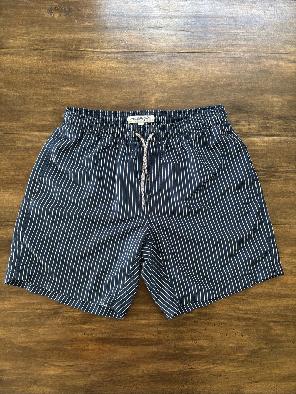 Men’s Maamgic Navy with White Pinstripe Swim Trunks. Size L